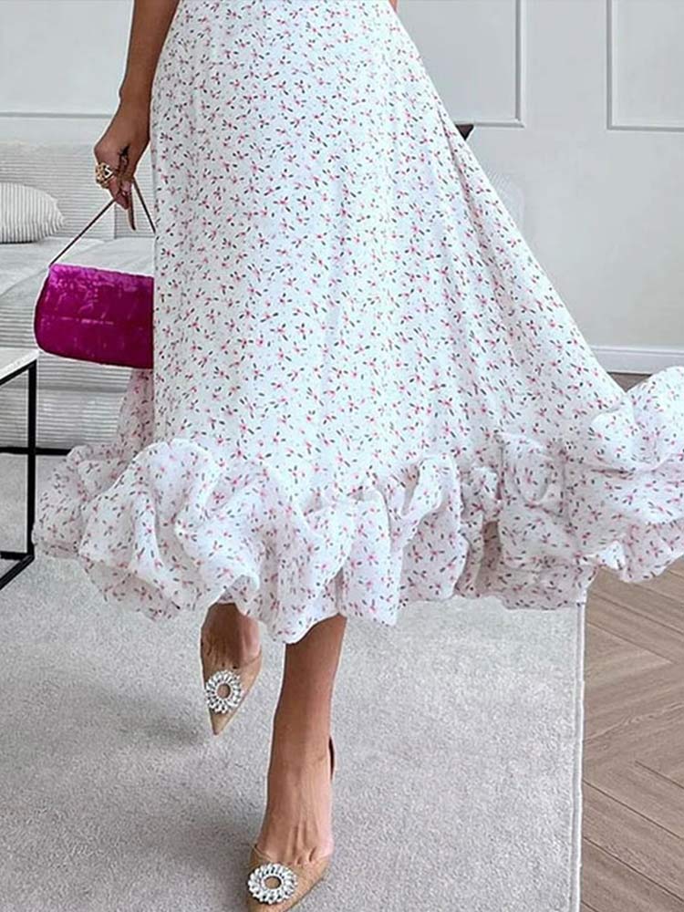 Lizakosht Printed Ruffles Suspended Dress Women Fashion Sleeveless Backless Flower A-line Dresses Summer Female Elegant Robes