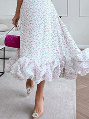 Lizakosht Printed Ruffles Suspended Dress Women Fashion Sleeveless Backless Flower A-line Dresses Summer Female Elegant Robes
