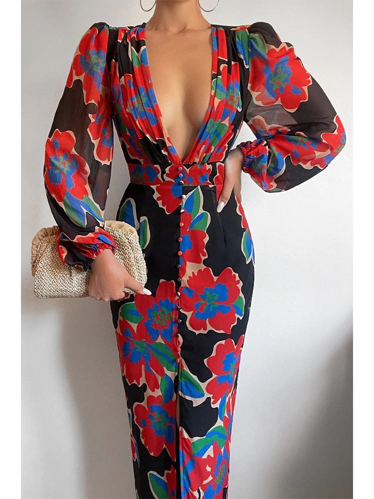 Lizakosht V Neck Sexy Party Women Robe Dress Lantern Sleeve Spring Summer Maxi Elegant Printed Boho New Dress Vestido