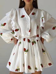 Lizakosht Home Suit Women Pajamas Cotton Linen Top Skirt Set Summer Strawberry Pattern Ruffle Long Sleeve Button Blouse Mini Skirt Outfits