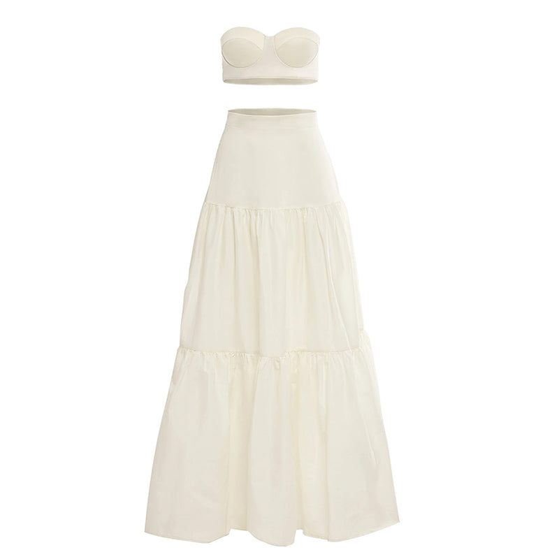 Summer Women'S One Word Collar Sleeveless Solid Color Sexy Open-back Short Top Street High Waist Skirt Pink Dress Two-piece Set