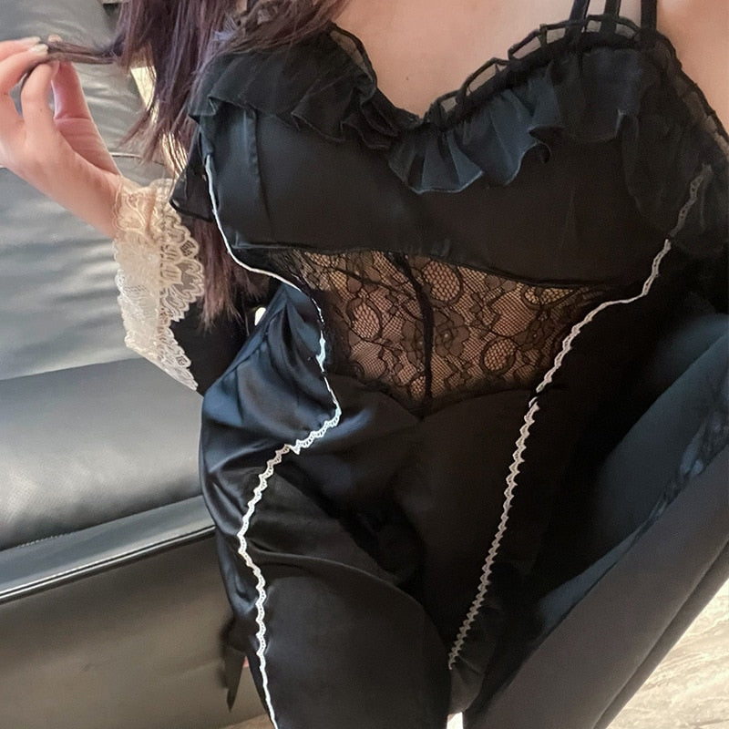 Lizakosht Summer Female Lace Nighty&Robe Set Women Bathrobe Gown Nightgown Suit Lingerie Satin Kimono Sleepwear Home Dress Loungewear