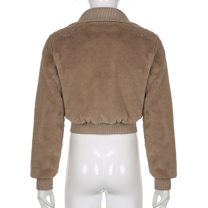 Lizakosht Autumn and Winter Temperament Lapel Long-sleeved Jacket Women New Fashion Women's Plush Stitching Zipper Warm Cardigan