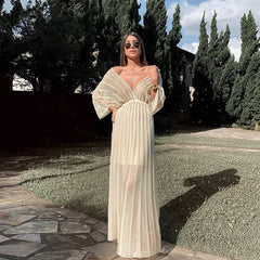Lizakosht Spring Woman White V-neck Shawl Sleeve Dress
