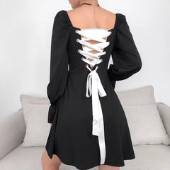 Lizakosht Retro Square Collar Ruffle Lace Up Autumn Winter Long Sleeve Women Dresses Mujer Vestido