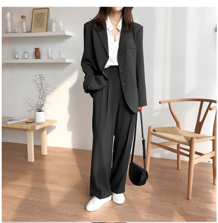 Lizakosht Office Lady Blazer Suits Korean Style Two Piece Set Women Suit Jacket + Wide Leg Pants OL Ensemble Femme 2 Piece Outfits Elegant