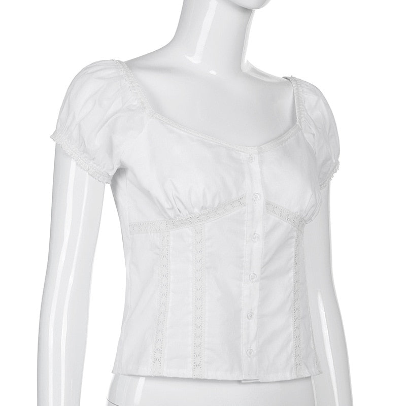 White Sexy Lace Women's T-Shirt Top Fashion Puff Sleeve Cardigan Shirt Slim Casual Short Sleeve Ladies Blouse Spring New