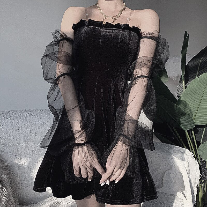 Velvet Vintage Dress Sexy Summer Gothic Party Dress Women Black Mini Dresses A Line Vestidos Patchwork Goth Club Highstreet