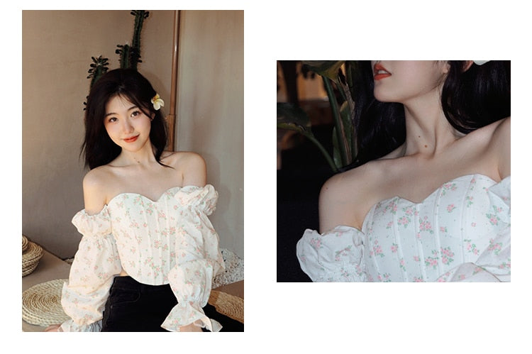 One Shoulder Long Bubble Sleeve Floral Shirt Spring Summer Top Women's Design Sense Niche Short Lining Aesthetic Clothes Kawaii