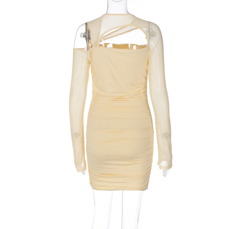 Lizakosht Fashion Flare Sleeve Sexy Cut Out Ruched Dress Outfits Women Party Club Summer Mesh Sheer Dresses Bodycon Clothes