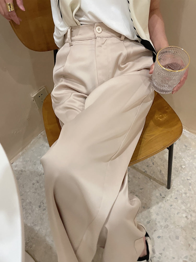 Lizakosht  Summer Autumn Women's Pants Loose Classic Black Straight High Waist Casual Korean Silk Satin Wide Leg Trousers for Women Pants