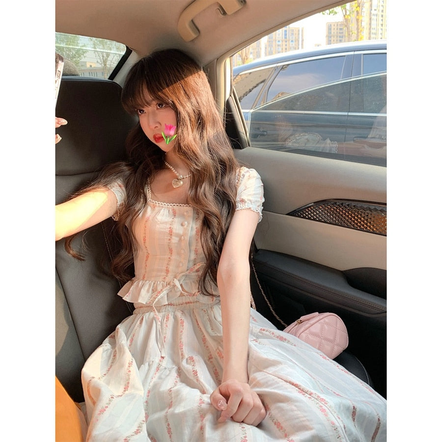 Lizakosht Summer Korean Ruffles Fairy 2 Pieces Set Vintage Women Square Collar Princess Kawaii Floral Print Blouse+High Waist Skirts Suits