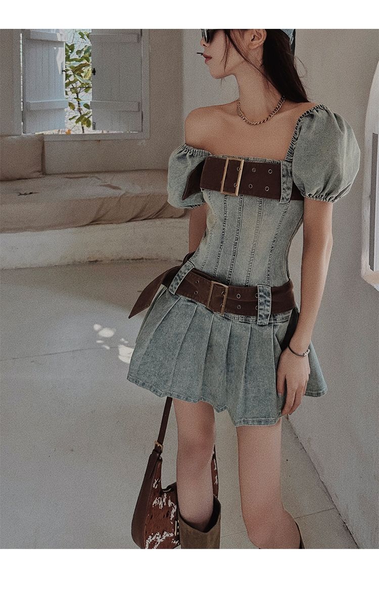 Lizakosht Sexy Y2k Dress Denim Women Streetwear Chic Bodycon Summer Mini Dresses Pleated Square Collar Puff Sleeve Party Robe