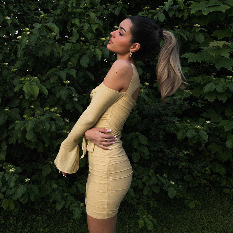 Lizakosht Fashion Flare Sleeve Sexy Cut Out Ruched Dress Outfits Women Party Club Summer Mesh Sheer Dresses Bodycon Clothes