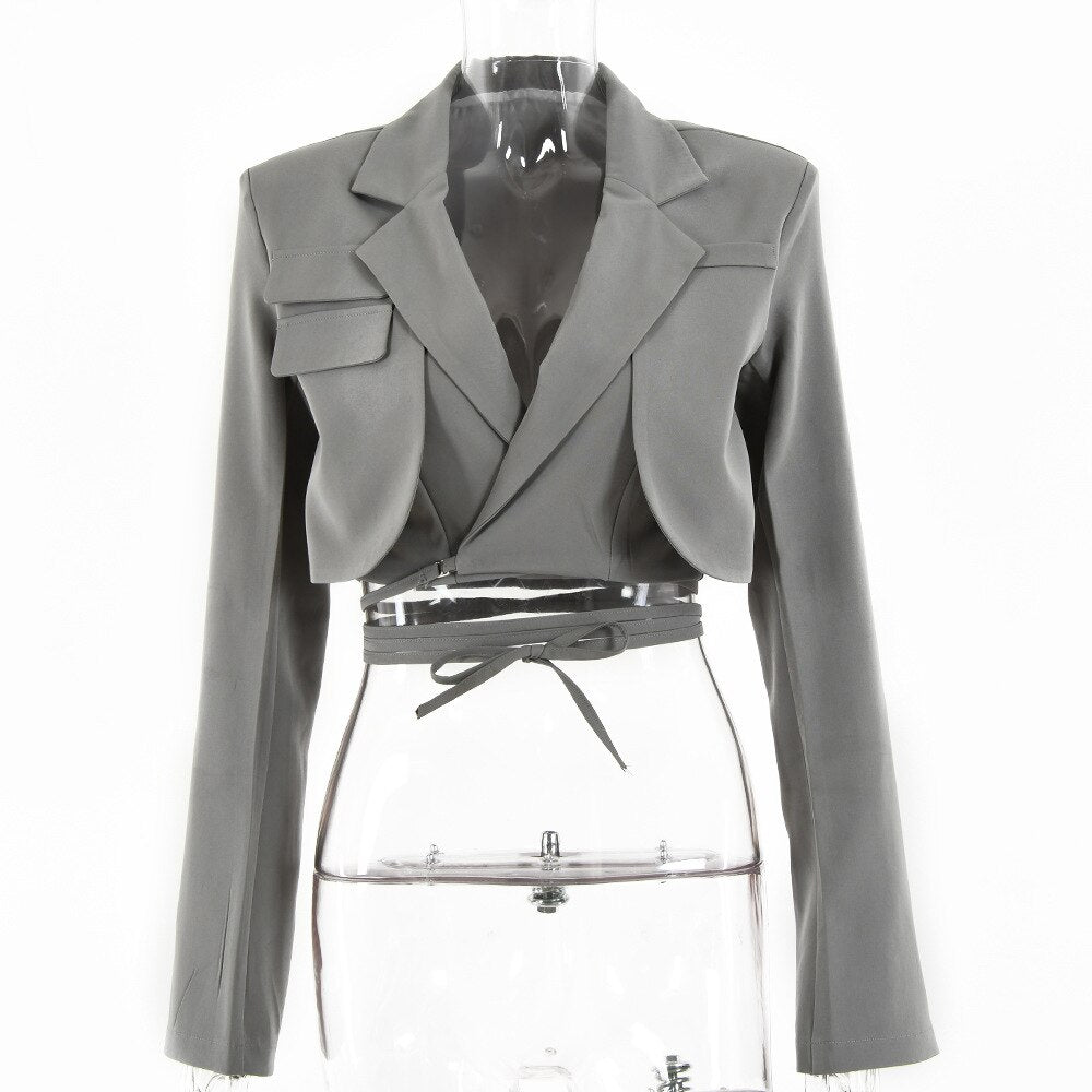 Foridol Belt Lace Up Cropped Blazer Tops Women Autumn Winter Long Sleeve Streetwear Oversized Blazer 2022 Grey Tops