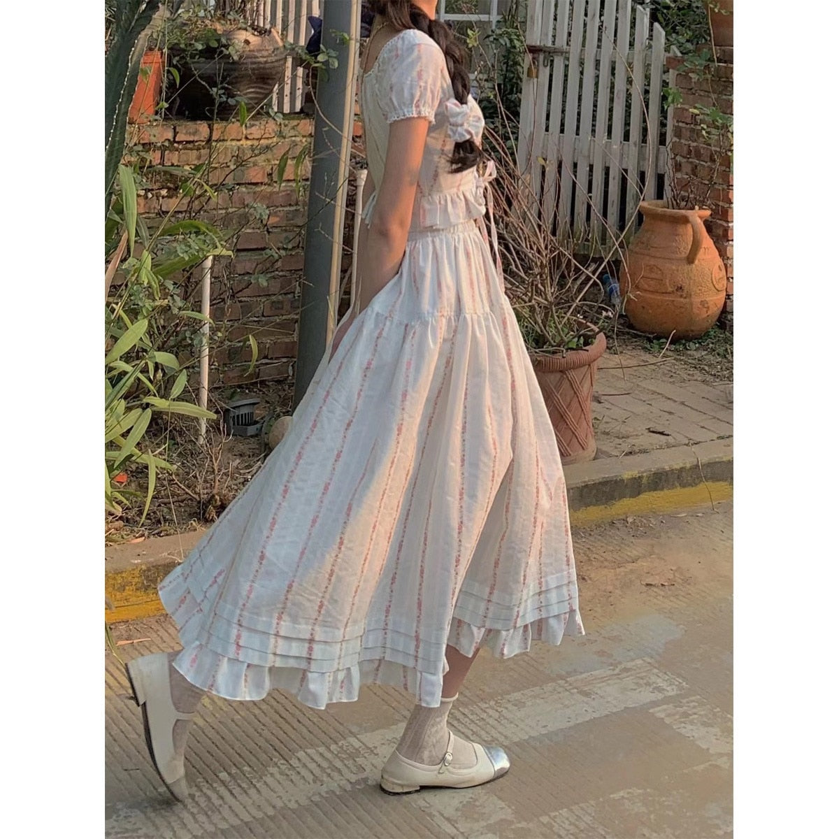 Lizakosht Summer Korean Ruffles Fairy 2 Pieces Set Vintage Women Square Collar Princess Kawaii Floral Print Blouse+High Waist Skirts Suits