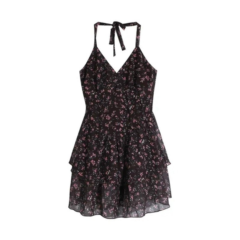 Halter Vintage Floral Dress Women Sexy Boho Bow Lace Up Backless Sleeveless Elegant Ruffle Patchwork Tunics Mini Skirt