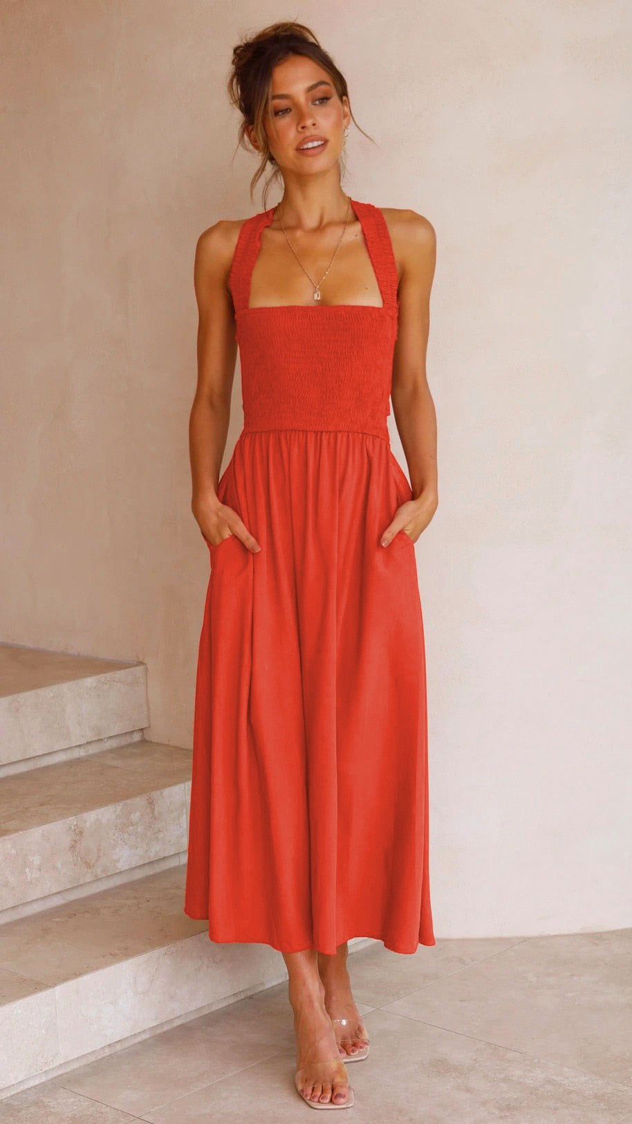Casual Summer Dress Women Solid Color Fashion Backless Halter Cotton Long Elegant Linen Orange Maxi Dresses Female 2022 Vestido
