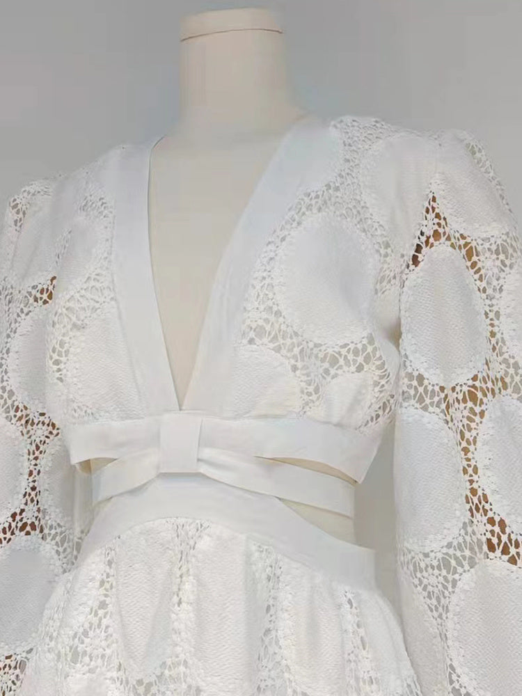 Lizakosht Casual White Cut Out Dress For Women V Neck Long Sleeve High Waist Solid Midi Dresses Female Clothing Fashion New