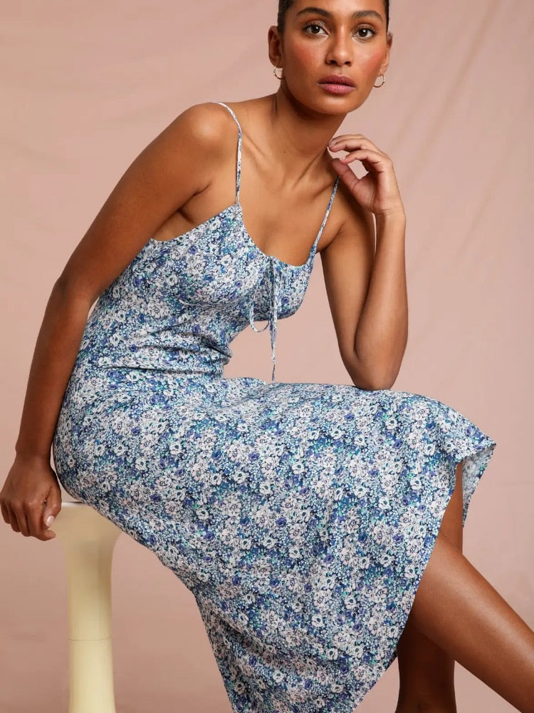 Lizakosht Women Dress Spring and Summer New Products 100% Viscose Printed Lace-up Suspender Dress Women Slim Mid-length Dress