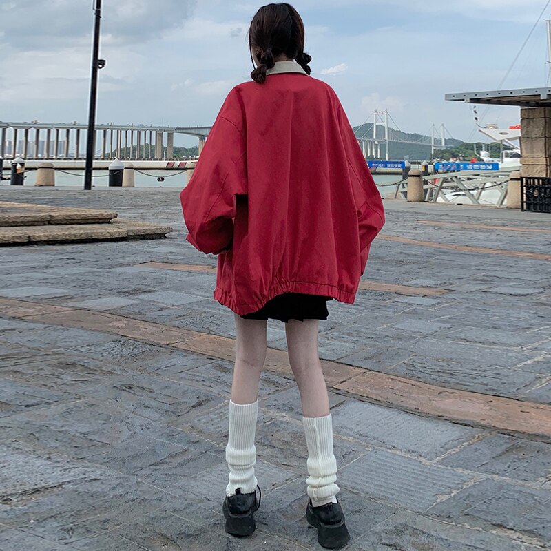 Lizakosht Women's American Red Loose Long Sleeve Cardigan Coat Spring Autumn New Chic Sports College Neutral Female Zipper Thin Jacket