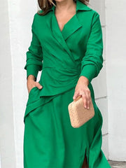 Lizakosht Green Women Dress Elegant Spring Summer Long Sleeve V Neck Party Dresses with Slit Pleated Beach A-LINE Maxi Dress for Women