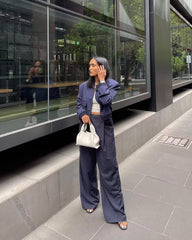 Lizakosht Fashion Striped Women Wide Leg Pants Female Casual Loose with Zipper Fly Trousers Ladies Mid Waist Chic Elegant Pants