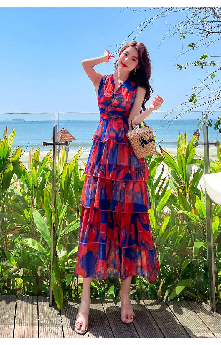 Lizakosht  Summer Backless Beach Long Maxi Dress Vintage Cascading Ruffles Deep V Neck Sexy Floral Print Party Dress Sleeveless Design F242