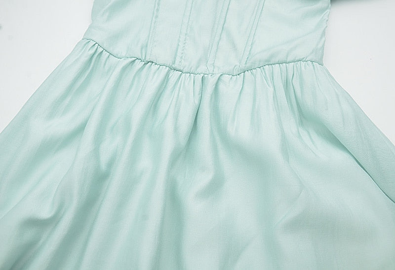 Long Sleeve Dress Female Blue Sweet A-Line Summer High Waist Vintage Slim Fairy Dress Princess Dress Sundress Beachwear Holiday
