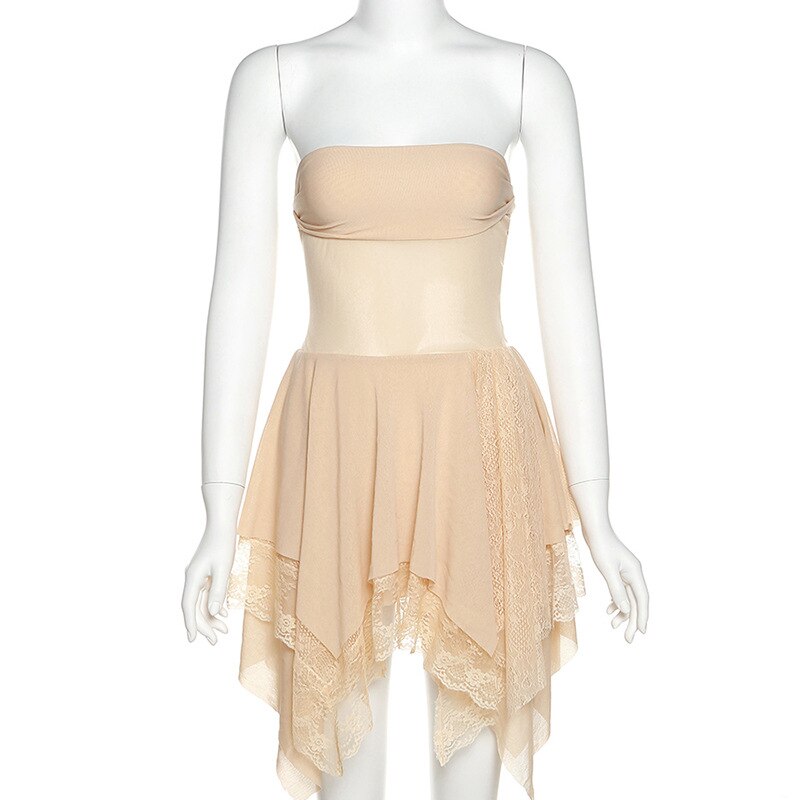 Lizakosht  Y2k Fairy Core Nude Mesh Tube Irregular Hem Mini Dresses for Women Party Wear Summer Sexy Lace Strapless Cocktail Dress