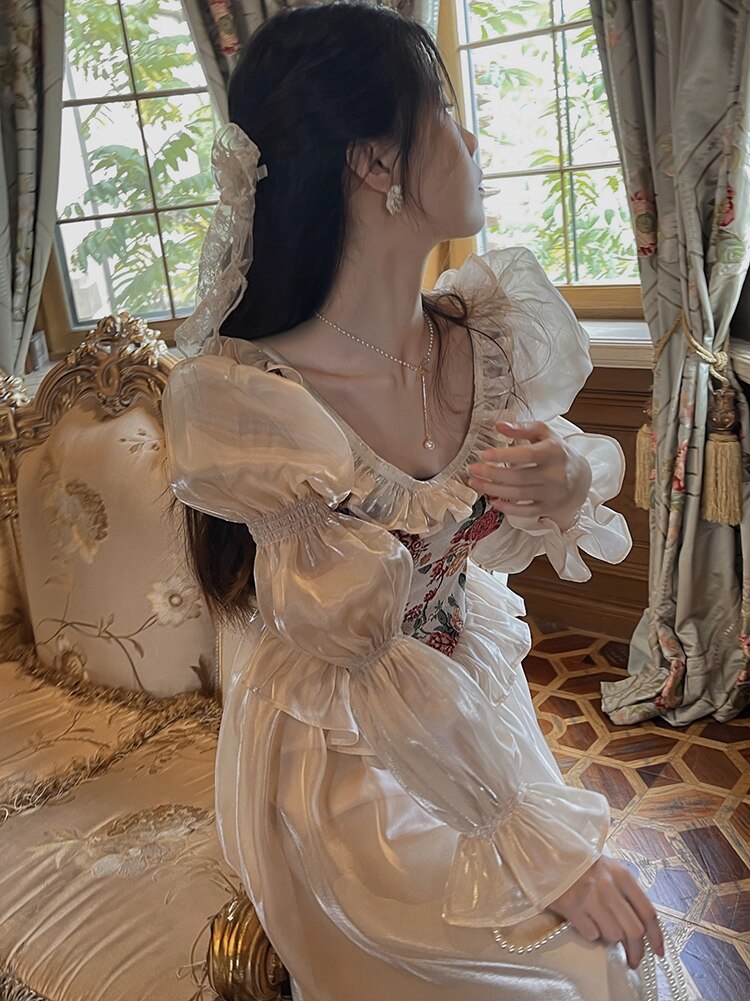 Lizakosht French Vintage Jacquard Floral Fairy Dress For Slim Women Romantic Chic Puff Sleeve Elegant Princess Dresses Vestido Festa