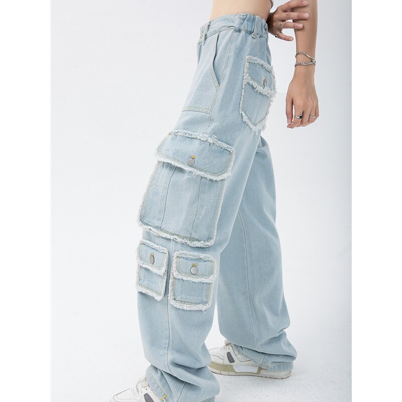 Lizakosht Women's Trendy High Street Baggy Cargo Jeans Straight Pants Tassel Wide Leg High Waist  Denim Trouser Y2k  Streetwear Harajuku