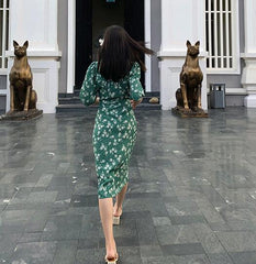 Lizakosht Women Dress New Vintage Floral printing Waist Wrap tea midi dress Long One-Piece Dress
