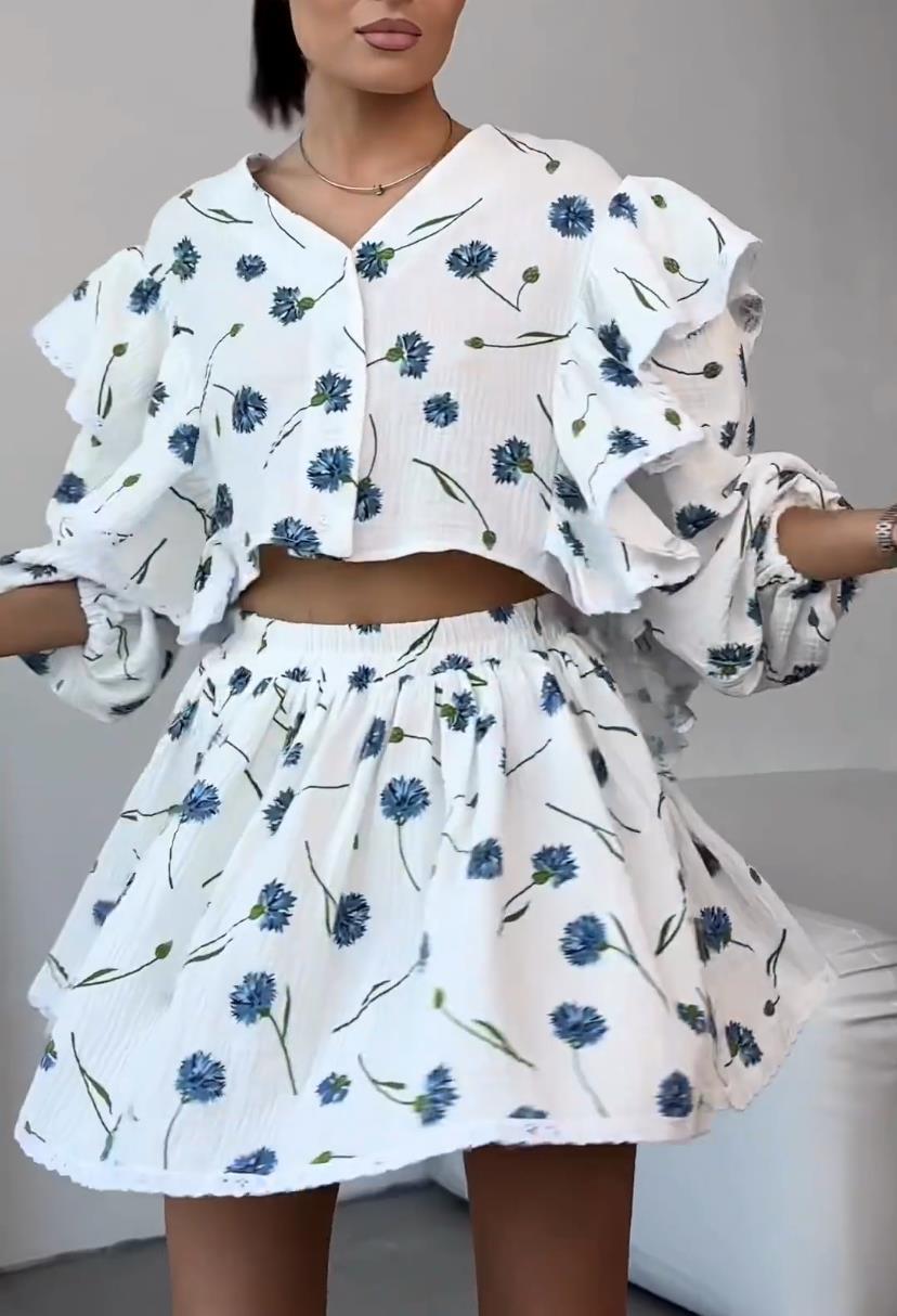 Lizakosht Home Suit Women Pajamas Cotton Linen Top Skirt Set Summer Strawberry Pattern Ruffle Long Sleeve Button Blouse Mini Skirt Outfits