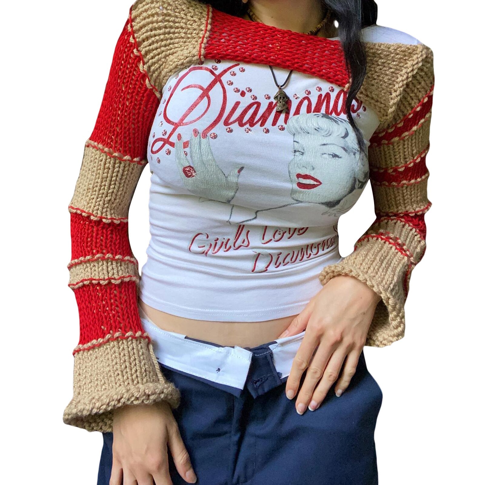 Color Contrast Knitted Crop Tops Women Summer Fall Long Sleeve Casual Pullover Sweaters Female Knitwear