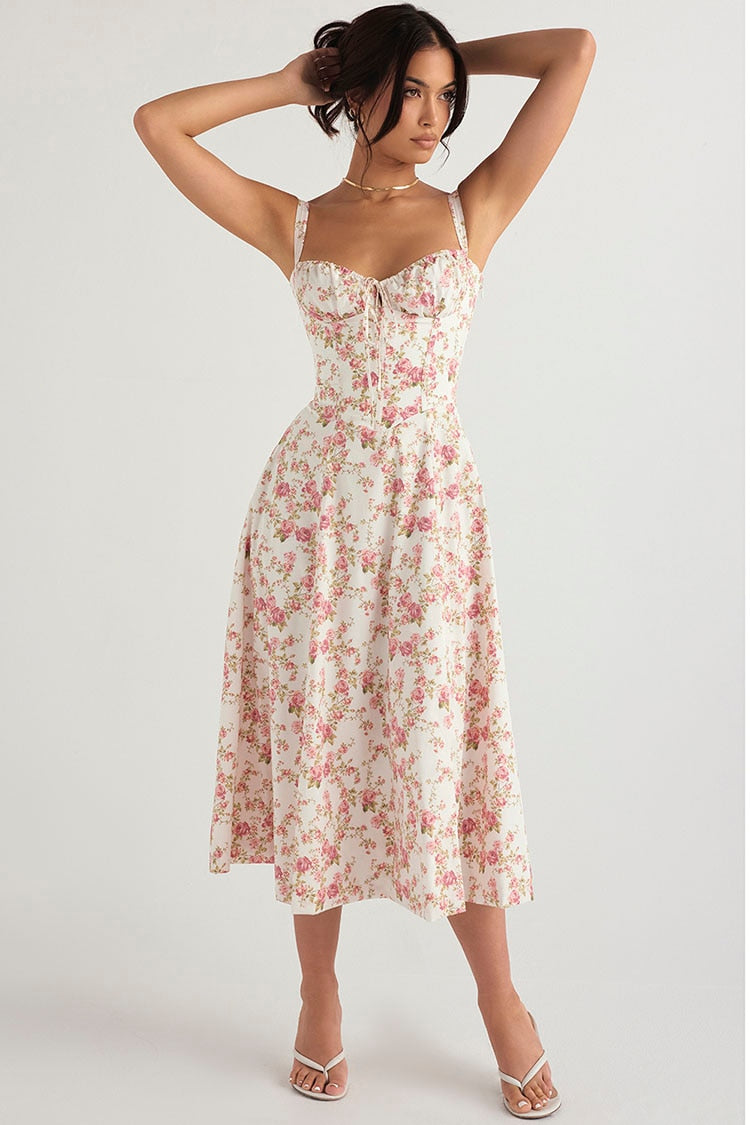 Lizakosht Summer Women'S Dress One Word Neck Suspender Strap Off Shoulder Sleeveless Dress Sexy Open Back Slit Floral Dresses
