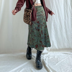 Lizakosht  Vintage Printed Long Skirt Women Y2k Grunge Green Cottagecore Low Waist Slim Straight Midi Skirt Girls 90s Aesthetic