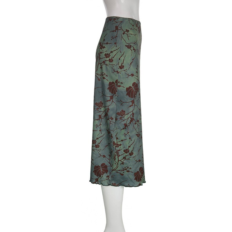 Lizakosht  Vintage Printed Long Skirt Women Y2k Grunge Green Cottagecore Low Waist Slim Straight Midi Skirt Girls 90s Aesthetic