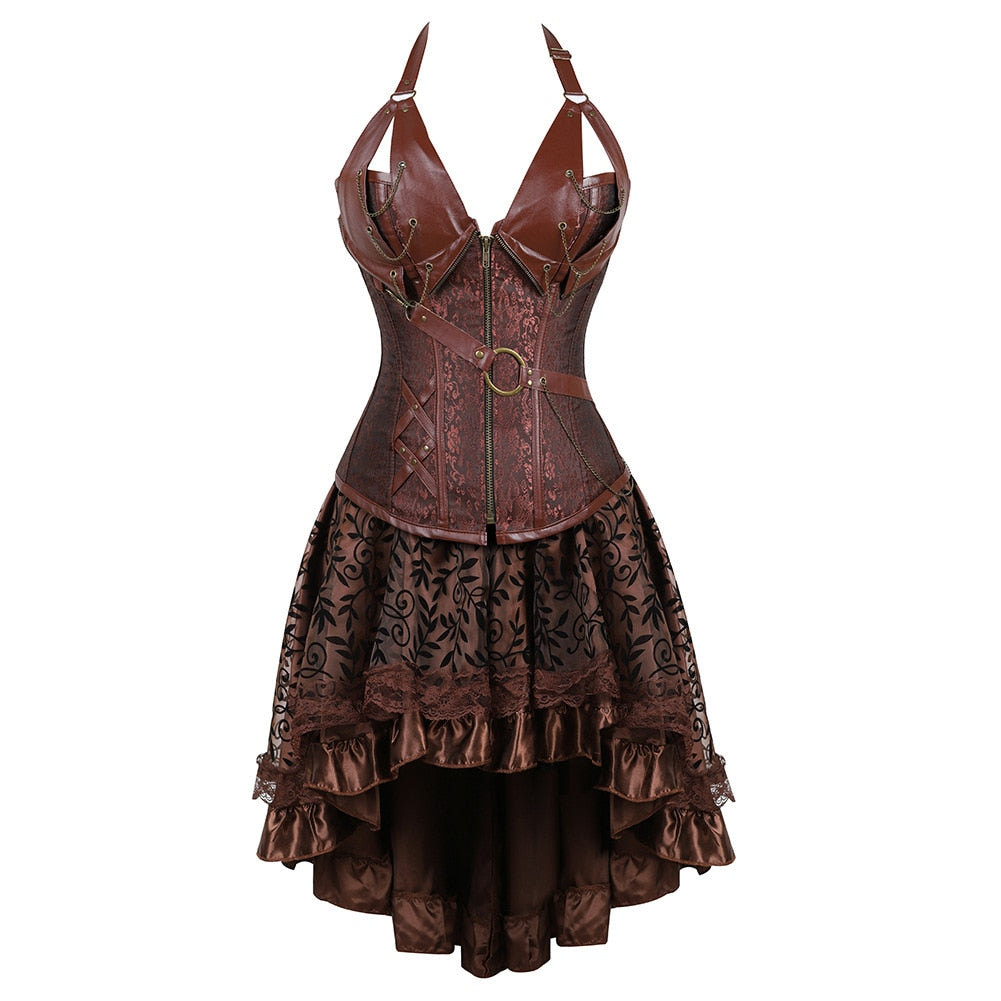 Lizakosht Carnival Medieval Steampunk Gothic Leather Vest Women Palace Vintage Corset Girdle Waistband Sexy Slim Retro Bodycon Party Dress