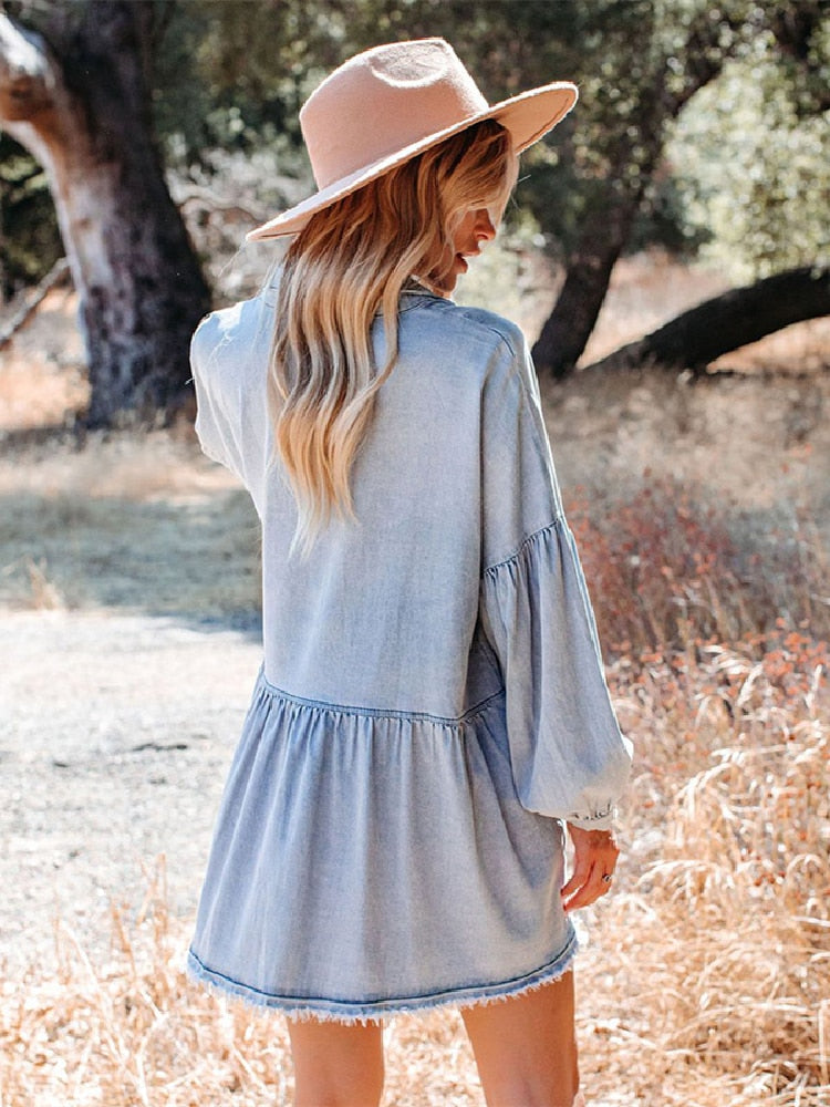 Lizakosht Light Blue Denim Shirt Dress Sexy Button Long Sleeve Mini Dresses Summer Clothes Women Beach Wear Swim Suit Cover Up A1185