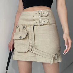 Lizakosht Heavy Cargo Mini Denim Skirt With Pockets Tan Beige Cowgirl Peplum Asymmetric Short Jean Skirts For Ladies Y2K Clothes
