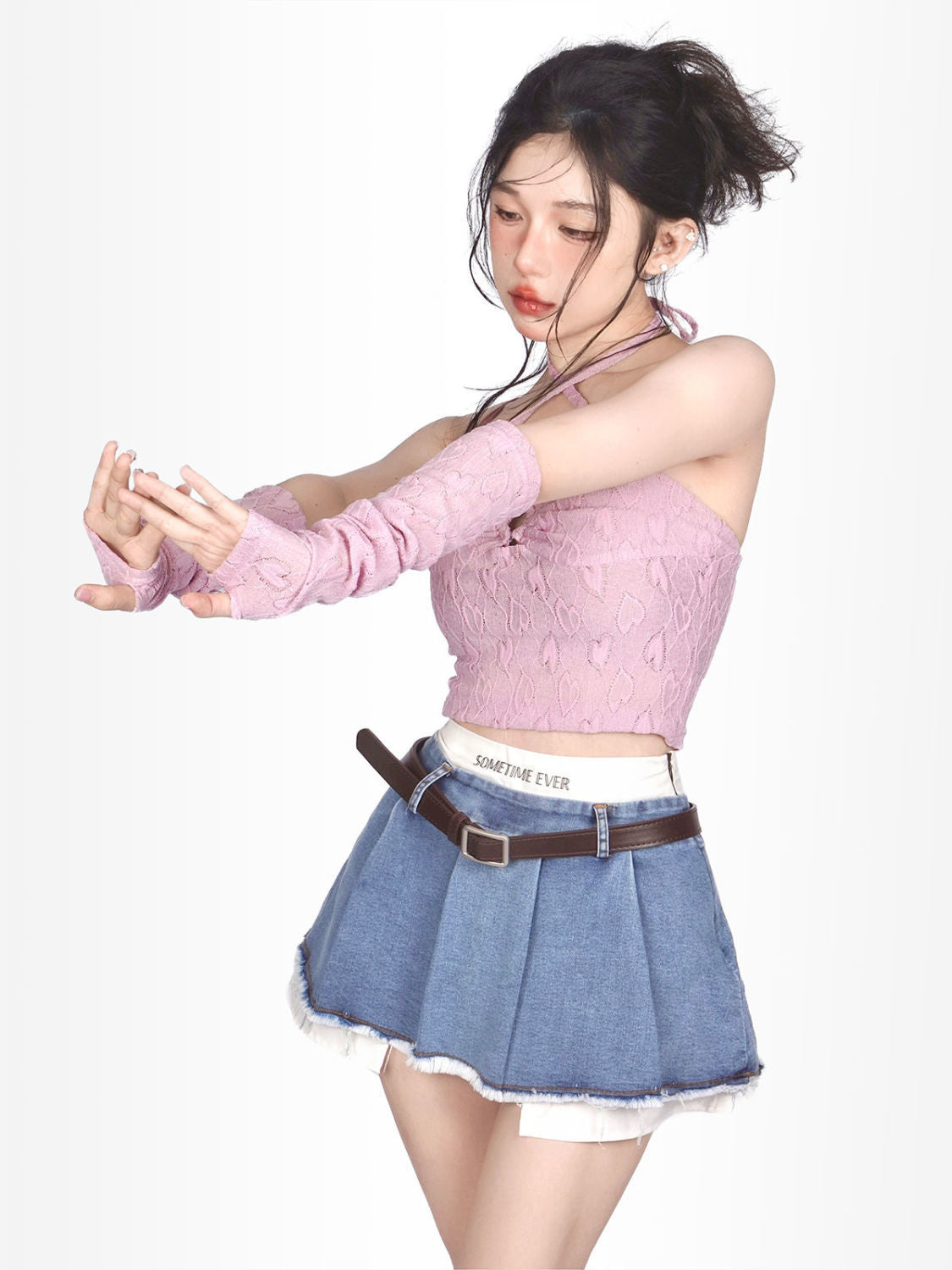 HOUZHOU Sexy Korean Denim Micro Skirt Women Summer Y2K High Waist Irregular Patchwork Fake Two-piece Belt Mini Skirt Streetwear