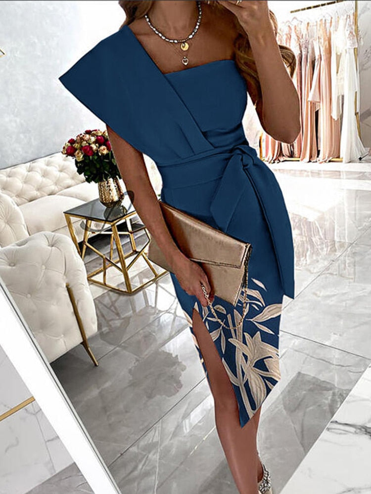 Lizakosht  Summer One Shoulder Slit Bodycon Dress Elegant Pattern Print Lace-up Solid Midi Dress New Office Fashion Casual Commute Dresses