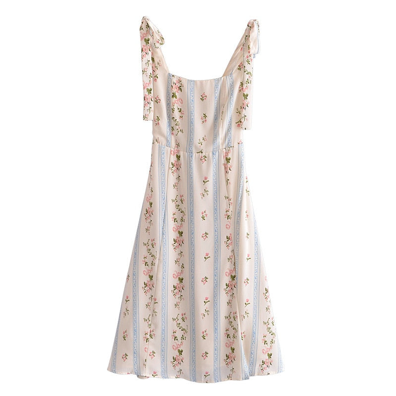 Lizakosht  Spring Summer French Style Print Midi Dress Lace Up Strapy Beige Floral Vintage Slip Dress Boho Women New Sundress Sleeveless