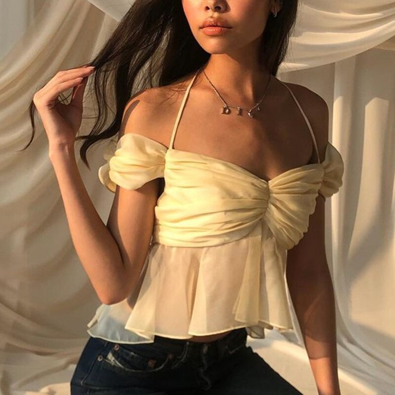 Summer T-Shirt for Women New Fashion Sweet Bow Knot Pile Sleeves Sexy Mesh Back Hollow Tether Hanging Neck Stitching Top Women