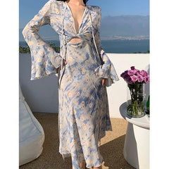 Lizakosht Blue Printed Elegance Dress Women Summer Hollow Out Evening Party Dresses Ladies Sexy Long Vestido Vacation