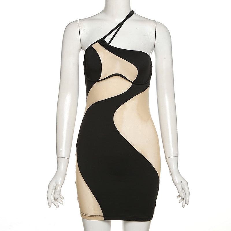 Lizakosht  Sexy Club Sheer Mesh Dress 2022 Ladies Sleeveless Paneled Slanted Shoulder Slim Fit Hip Dress