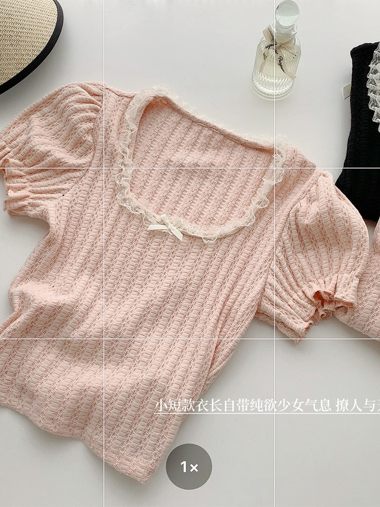 Lizakosht Women Vintage Solid Color Slim Tee 2023 Summer New Square Collar Puff Sleeve T-shirt Female Tie Up Cozy Soft Clothing Retro Chic