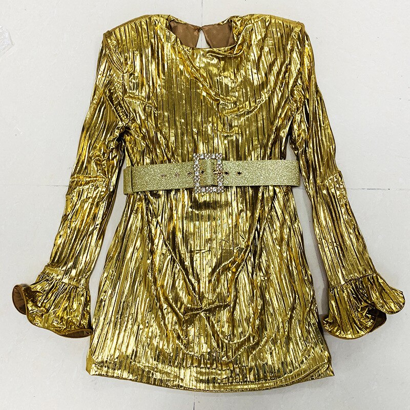 Lizakosht  Pleated Mini Dress with Belt Silver Gold 2022 New Designer BLING BLING Shiny Long Flare Sleeve Fashion Party Summer Dress