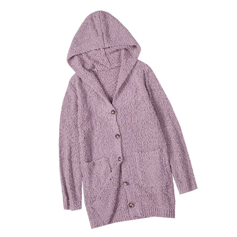 Lizakosht Autumn New  Women Casual Solid Color Knitted Cardigan Ladies Fashion  Button Pocket Long Sleeve Comfort Loose Hooded Coat